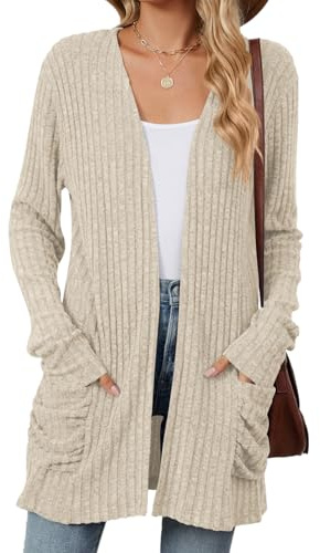 Famulily Comfy Autumn Winter Cardigans for Women, Open Front Cardigans Sweaters for Ladies with Pockets (L, Beige)