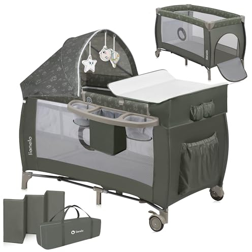 LIONELO Sven Plus 4-i-1 Babysäng & Resesäng, för Nyfödda till 36 Mån, Madrass med Två Höjder, Skötbord, Baldakin med Myggnät, Lekbåge med Leksaker, Förvaringsfickor, Transportväska, Beige Oliv