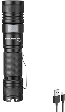 SuperFire LED Torch Rechargeable, Super Bright 15000 Lumens Zoomable Flashlight, Pocket Size Tactical Torch with 5 Modes, Clip, 2000mah Battery, Waterproof, for Fishing Camping, Emergency, Outdoor