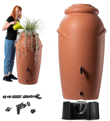 KADAX Serbatoio dell'acqua piovana in plastica da 210 litri, serbatoio per acqua piovana con supporto, rubinetto e ciotola per piante, serbatoio decorativo per pioggia antigelo