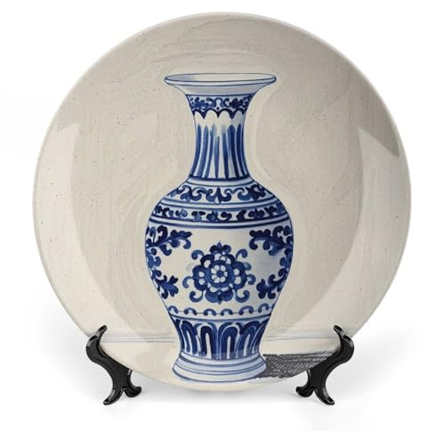 LPSADGF Vase chinois en porcelaine bleue - Assiettes décoratives en céramique pour présentation - Assiette à dîner de style bohème avec présentoir - Assiette en porcelaine pour décoration de la maison