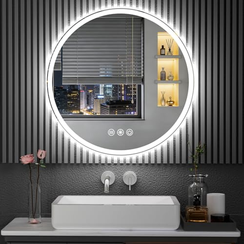 60cm Runde LED Badezimmerspiegel mit Beleuchtung, Dimmbar & 3 Farben – Front- & Hintergrundbeleuchtung, 4mm dickes Sicherheitsglas, Anti-Beschlag, Wandspiegel mit Licht, für Dusche & Waschtisch