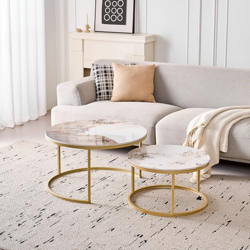 DEYARNA HOME Runden Couchtisch 2er Set, Moderne Satztische mit Keramikplatte (Keine MDF-Platte), Ideal für Wohnzimmer, Schlafzimmer, Balkon und Büro (Pandora+Gold),50+70cm