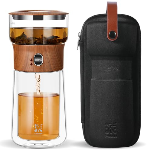 ZENS Tetera de cristal para separación de agua con filtro, mágico con un solo toque drain tetera para té en, tetera infusiones con taza de doble pared y estuche portátil, para lregalar