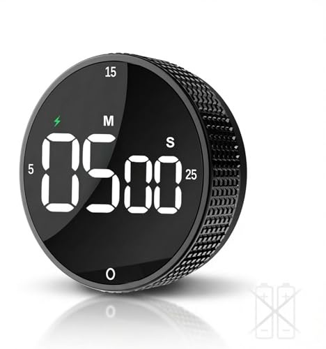 TLTWHS Wiederaufladbarer Küchentimer Magnetisch mit Drehknopf LED-Display | 800-mAh-Akku, USB-C, 5/15/25-Min.-Direktwahl, Countdown/Stoppuhr, 3 Lautstärken, Speicherfunktion und 2 Magnete.