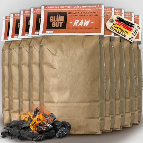 Glühgut-RAW Tischgrill-Holzkohle (650g x 9 – 5,85 KG) Premium Grillkohle aus heimischen Harthölzern – raucharm & feinstaubreduziert – FSC-Zertifiziert – ideal für Lotus Grill, Balkon & Camping