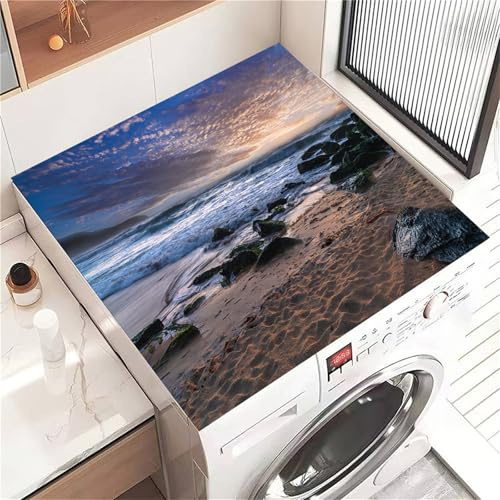 Highdi Housse de Protection pour Machine à Laver Top Plage élégante, Coussin de Machine à Laver Antidérapant, Tapis de Protection pour Dessus Sèche-Linge Séchage Rapide (Plage 1,30x40cm)