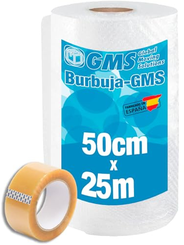 GMS - Rollo Burbuja 50cm x 25m + Precinto (48mm x 60m)- Rollo Burbuja Mudanza - Rollo Burbuja Embalaje - Burbuja Mudanza, Envio y Embalaje - Papel Burbuja (50cm x 25m+Precinto)