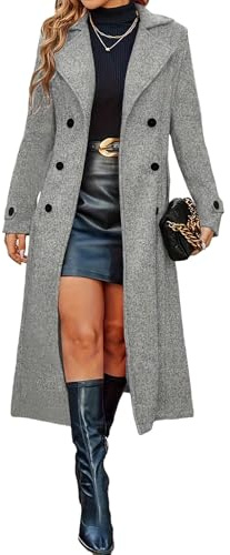 LIUYUYOUGO Trench Mujer Abrigo Largo De Lana Para Mujer Otoño/Invierno Clásico Cruzado Tipo Gabardina Elegante Con Cuello De Muesca De Mezcla De Lana Largo Medio Cálido Color Gris Claro Talla S