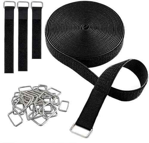 BAOWUABJ 10m Reusable Cable Ties, Hook and Loop Tape with 50 Metal Buckles | Cut-to-Length Hook and Loop Design, 2cm Wide, Organizes Cables, Wires, and Cords, Keeps Desk Tidy and Clutter-Free Black