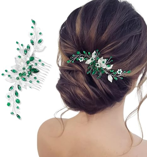 Tocados de Pelo Boda Novia, Cristallo Verde Peinetas para el pelo Flor, Perla Headpiece Nupcial Hoja Accesorios para el Cabello, Accesorios Pelo para Mujeres y Niñas