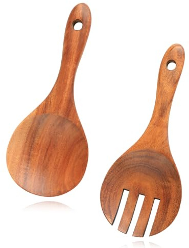 Hopzab Salad Cutlery Set—2-piece Wooden Spoon and Fork Combination,Salad Tossing Fork and Spoon,Suitable for Salads,Pasta and Cooking,Natural Wood Finish
