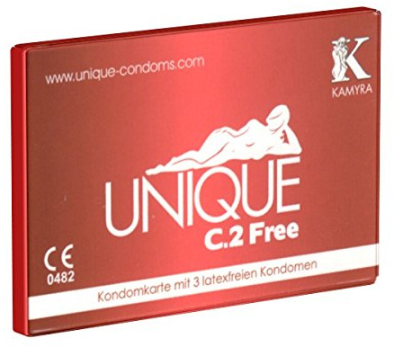 KAMYRA Unique C.2 FREE Condom Card, rot- latexfreie Kondome, mit flacher Basis ohne Ring - auch mit ölhaltigen Gleitmitteln verwendbar, 1 x 3 Stück