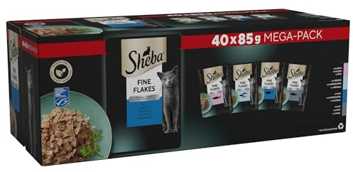 Sheba Fine Flakes in Jelly – Fish Collection – Wet cat food pouches for adult cats – 40x85g pack
