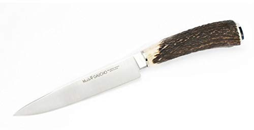 Muela Cuchillo GAUCHO-16A hoja de acero ACX-380 de 16 cm y empuñadura de asta de ciervo para Caza, Pesca, Supervivencia y Bushcraft Realizado en Ciudad Real + Portabotellas de regalo