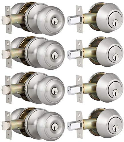 4 Pack Entry Door Knob and Single Cylinder Deadbolt Combo Pack in Satin Nickel, Keyed Alike Entry Knob and Deadbolt Lock Set