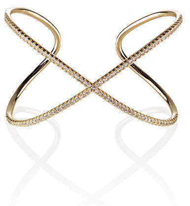 namana Gekreuzter Armreif für Damen, große Manschetten-Armspange aus Silber, Gold oder Roségold, besetzt mit Zirkonia, Armspange mit Geschenkbox