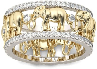 Jeulia 1.5 Karat Elefant Ring Ehering für Frauen 18 Karat vergoldet Verlobungsring Set Zweifarbige Rundschliff Zirkonia Ringe Jubiläumsversprechen Romantisches Geschenk (57（18.1）, Weiß)