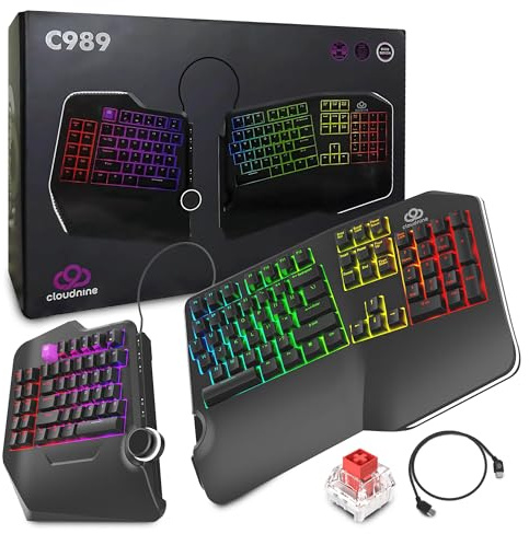 Cloud Nine C989 Ergonomic Mechanical Keyboard for PC - Kailh Linear Red Switches - RGB Light Up LED Backlit with USB - Ergo Split Key Board with Macro