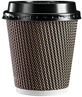 Comfy Package GUSTO [10 oz. - 300 ml - 50 Set] Bicchieri di Carta Ondulata Isolanti con Motivo Marrone e Coperchi - Ideali per Bevande Calde, Viaggi e Uso in Ufficio - Formerly