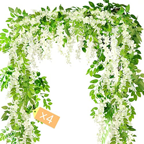 MOTONG Artificial Flowers Decoration, 4Pcs (8FT/2.5M/piece) Fake Flowers Wisteria Vines, Artificial Vine Garland Plants Arts For Ceremony Home Garden Wedding Party Decoration (4 Pcs White)
