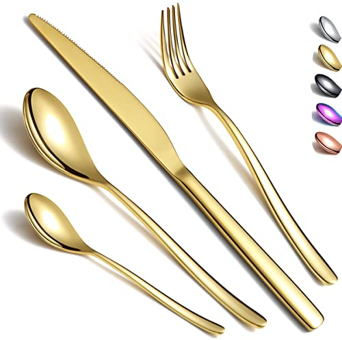 Cutlery Set 24 Pieces, Kyraton Stainless Steel Gold Flatware Set, Titanium Plating Gold Silverware Set Strong Anti Rust, Dishwasher Safe, Tableware Set Serving 6 People.