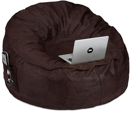 Relaxdays sittsäck XXL, mockautseende, skum, 2 sidofickor, jättesaccosäck vuxna, Bean Bag, mörkbrun