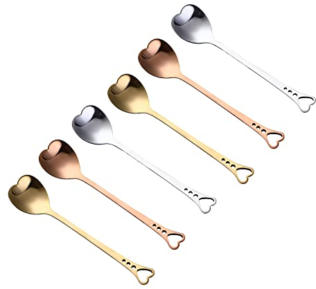 6 cucchiai a forma di cuore, cucchiaini da caffè in acciaio inox, cucchiaini da caffè in oro, per caffè, cubi di zucchero, gelato, torta (14,3 cm)