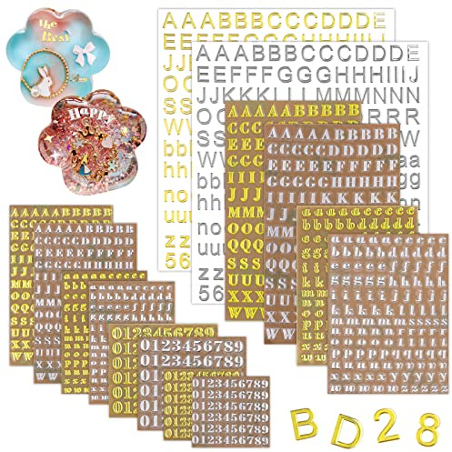 Kalolary 14 Blätter Buchstaben Harz Aufkleber, Silber Gold Zahlen Selbstklebend, Mini Epoxy Dekorative Legierungs Wörter Rechtschreibaufkleber für Scrapbook Basteln Dekorationszubehör