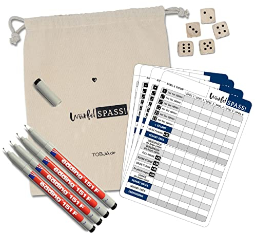 TOBJA Würfelspiel abwischbar inkl. Stifte, Würfel & Beutel - 4X DIN A5 Blätter wiederverwendbar mit 4 Markenstiften | Baumwolle Oeko-TEX 100 & 5 Holzwürfel (Set Jutesack 4 Spieler)
