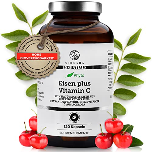 QIDOSHA® pflanzliches Eisen plus Vitamin C Kapseln, 120 Stk im Glas, 14mg je Kapsel pflanzliches Eisen aus Curryblatt Extrakt, ergänzt um Vitamin C aus Acerola-Fruchtpulver, laborgeprueft, vegan