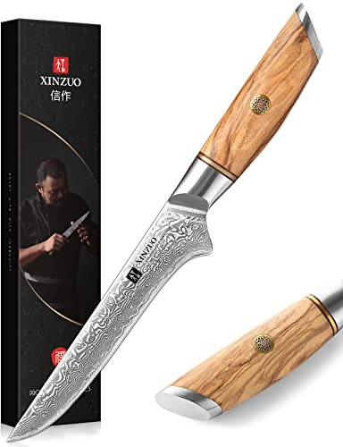 XINZUO 14.9cm Damaststahl Ausbeinmesser, Filetiermesser 73 Schichten Damastpulverstahl Profi Küchenmesser Scharfe Klinge Kochmesser für Fleisch, Fisch, Entbeinen -mit Olivenholz Griff -Lan Serie