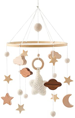 GLITZFAS Sterne Mobile Baby, Mobile Babybett, Mobile Baby Holz mit Häkelnadel 3D Wolken, Hängende Bettglocke Mobile für Babybett Jungen und Mädchen (Beige)