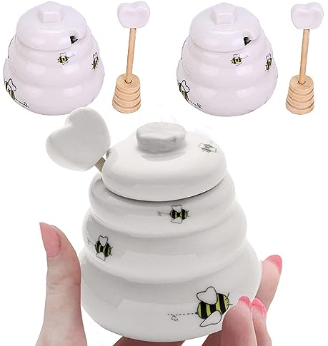 Sonwaha 2 pcs Porta Miele Bianco Contenitore Miele,Porta Miele Ceramica Barattolo per Miele con Cucchiaio per La Conservazione E La Distribuzione di Miele