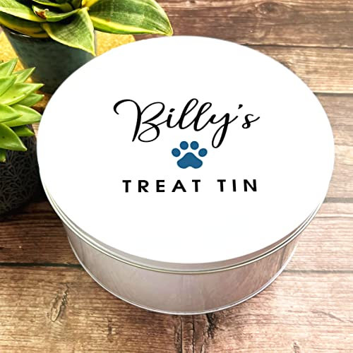 Fingerprint Designs Round Cat Dog Biscuits Blue Paw Print Personalised Pet Treat Storage Tin