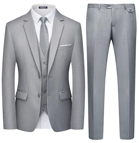 WULFUL Men's 3 Piece Slim Fit Suit Set Two Button Blazer Jacket Vest Pants Tuxedo Set for Party, Wedding and Business Light Gray