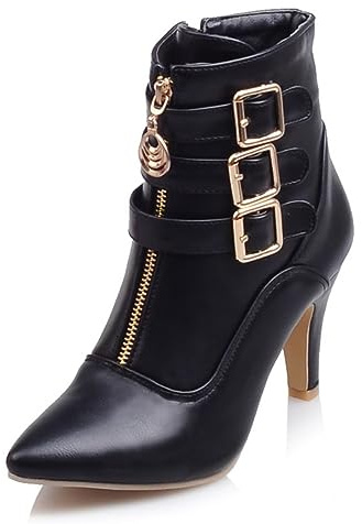 Buckle Ankle Boots for Women Pointed Toe High Heels Booties with Zipper Kitten Heel Shoes Black 6.5