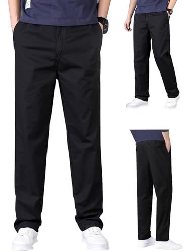 Aotoyou - Pantaloni Chino Uomo, Stile Casual, Taglia Elastica, 100% Cotone, Pantaloni da Lavoro Baggy Leggeri, Taglio Dritto, Cordoncino di Chiusura con Tasche, Jogging Uomo, Nero , XXL