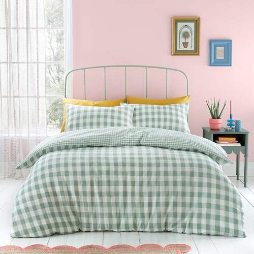 Catherine Lansfield Parure de Couette en crépon à Carreaux Gingham Vert pour lit Simple