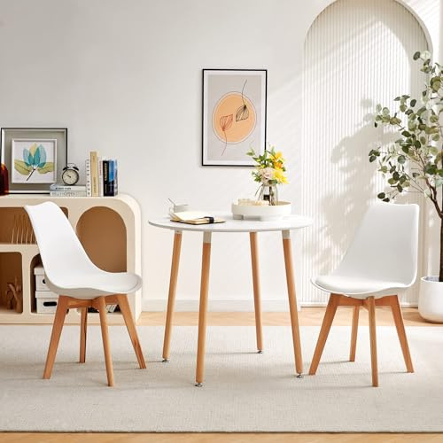 LafeuR Esstisch mit 2 Stühlen Essgruppen, Esszimmergruppe Küchentisch-Set für 2 Personen Sitzgruppe für Wohnzimmer Küche Büro(Runder Weiß Tisch + 2 Buche Weiß Stühl), PE-1W+TP-2W