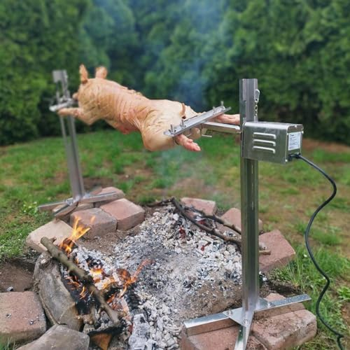 Miuxe Barbacoa De Acero Inoxidable Lechón Parrilla con Motor | Asador Grill Regulable En Altura | Juego De Parrilla Eléctrica De Acero Inoxidable con Giratorio para Hogueras, Camping Y Jardín