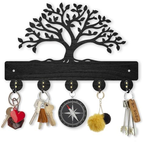 MAYJOYDIY Portachiavi in legno a forma di albero della vita, montaggio a parete, 30 x 20 cm, albero lussureggiante, portachiavi nero decorativo con 5 ganci in lega, per porta d'ingresso
