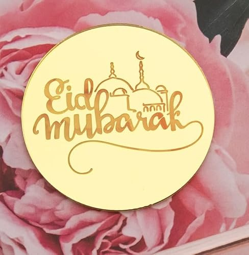 EID Mubarak Cupcake Toppers Engraved Discs - Iftar Party Cupcake Toppers - Ramadan Kareem Cupcake Toppers - Acrylic Mirror Cake Topper - Pack of 6