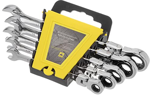 sourcing map Flexible Ratchet Wrench Set 5Pcs 8-17mm Metric Flex-Head Ratcheting Combination Wrenches Cr-V Steel, 72-Teeth, Gear Ring, Nickel Plating, with Rack Organizer