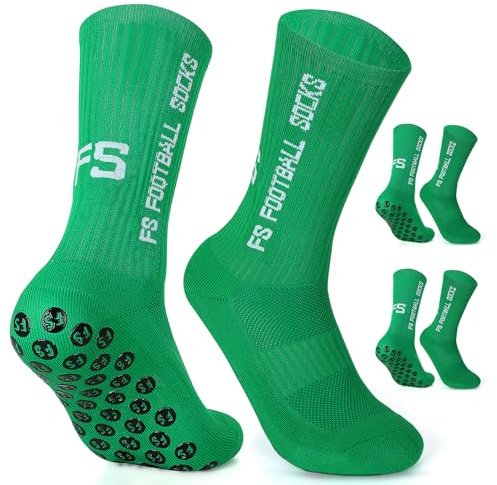 Dinjunxi Chaussette Antidérapante Foot 2 Paires Chaussettes Antiderapantes Homme Femme, EU 39-46 / UK 6-11, 75% Coton, Chaussette Sport pour Football Basket Rugby Yoga Trekking, Vert