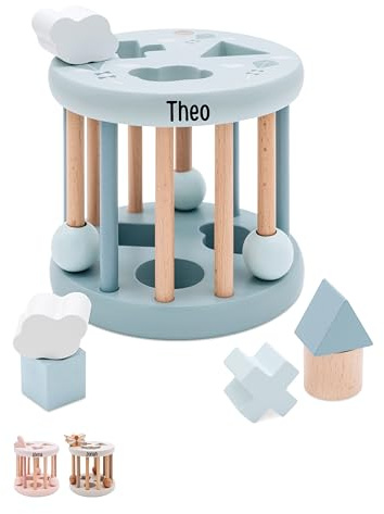 Bärenfreunde® - Personalisierter Formen-Sortier-Rad aus Holz - Montessori Würfel - Baby Motorikspielzeug ab 1 Jahr - Baby Spielzeug 1 Jahr (blau, ohne Name)