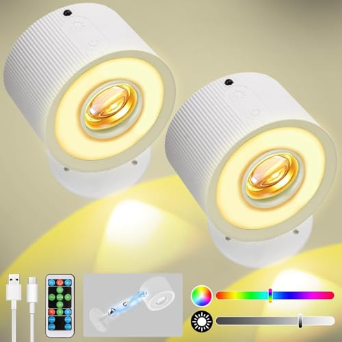 milfra Luci da Parete a Batteria 2 Pezzi, Lampada da Parete per Interni con 7 Modalità di Colore, 4 Livelli di Luminosità, Rotazione di 360°, Controllo Tattile, Lampada da Muro per Lettura