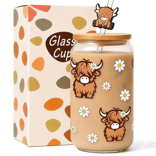 TAGDANK Highland Cow Coffee Cup with Lids and Straws - Highland Cow Gifts for Women Cow Lovers Cow Cups Print Stuff - Cute Highland Cow Stuff Birthday Gifts for Women Girls, 16oz