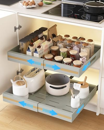 UMDONX Set da 2 Cassetto Estraibile per Armadio, Cassetti Estraibili per Cucina con Adesivo, Cassetto Telescopico Cucina Regolabili in Larghezza(30.5-51.5W X42D X7.5H CM,Grigio)