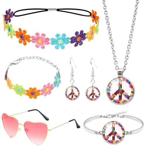 Saier tbo 6 Stück Hippie Kostüm Zubehör, Vintage 70er Jahre Flower Power Accessoires mit Gänseblümchen Kopfschmuck Liebesbrille Peace Kette Ohrringe Armband für Damen Fasching Karneval Party